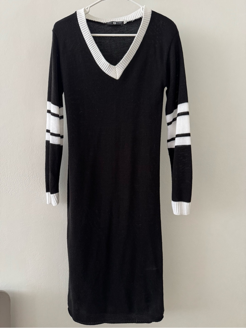V-Neck Black Midi Sweater Dress with White Trim
